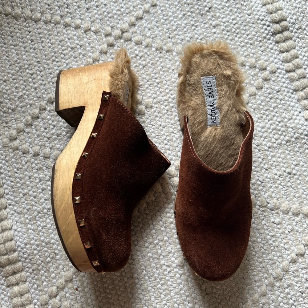 Steve Madden Brown Suede Fur-Lined Mules